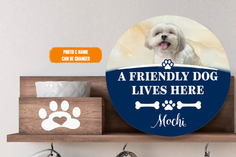 Image of Personalized Pet Photo Door Hanger, A Friendly Dog Lives Here Dog Cat Round Wooden Sign
