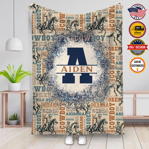 Image of Personalized Cowboy Blanket, Initial Cowboy Wild West Custom Name Blanket, Birthday Blanket, Message Blanket, Birthday Gift, Gift For Son