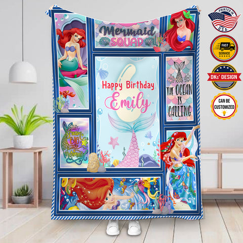 Image of Personalized Mermaid Birthday Girl Custom Name Blanket, Girl Blanket, Personalized Princess Blanket, Mermaid Blanket, Message Blanket, Birthday Gifts