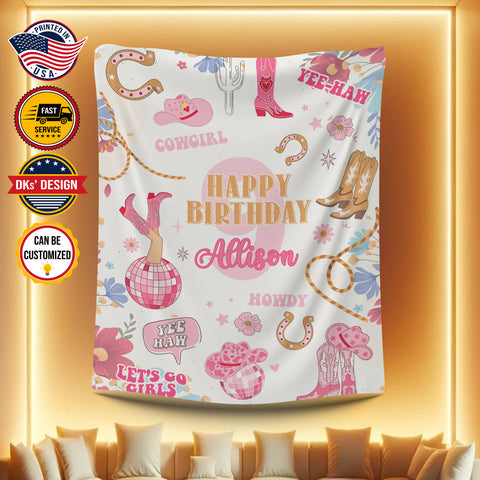 Image of Personalized Cowboy Blanket, Happy Birthday Cowgirl Yeehaw Custom Name Blanket, Cowgirl Blanket, Blanket for Girl, Gift For Daughter for Girl