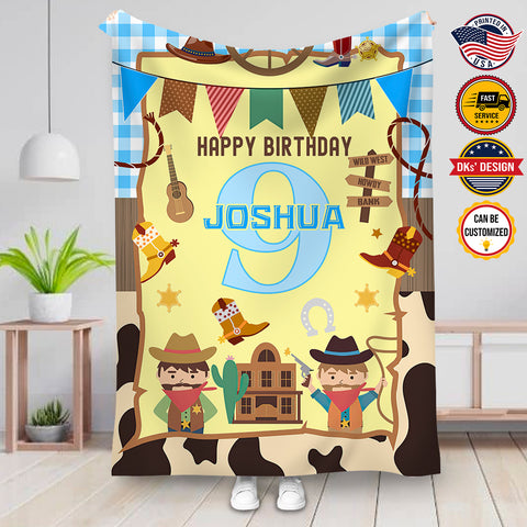 Image of Personalized Cowboy Blanket, Happy Birthday Cowboy Custom Name Blanket, Baby Boy Cowboy Blanket, Western Theme Baby Name Blanket