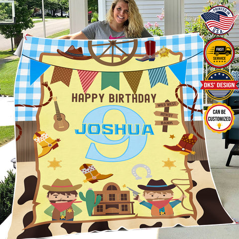 Image of Personalized Cowboy Blanket, Happy Birthday Cowboy Custom Name Blanket, Baby Boy Cowboy Blanket, Western Theme Baby Name Blanket