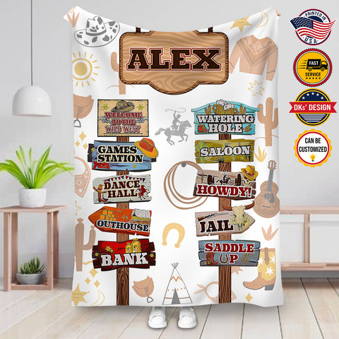 Image of Personalized Cowboy Blanket, Welcome To The Wild West Custom Name Blanket, Blanket for Horse Lovers, Birthday Blanket, Baby Shower Gift