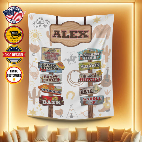 Image of Personalized Cowboy Blanket, Welcome To The Wild West Custom Name Blanket, Blanket for Horse Lovers, Birthday Blanket, Baby Shower Gift