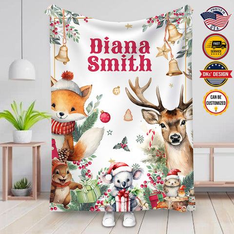 Image of Personalized Christmas Blanket, Custom Christmas Animals Baby Kid Blanket, Baby Animals Blanket, Baby Shower Gift, Christmas Gifts