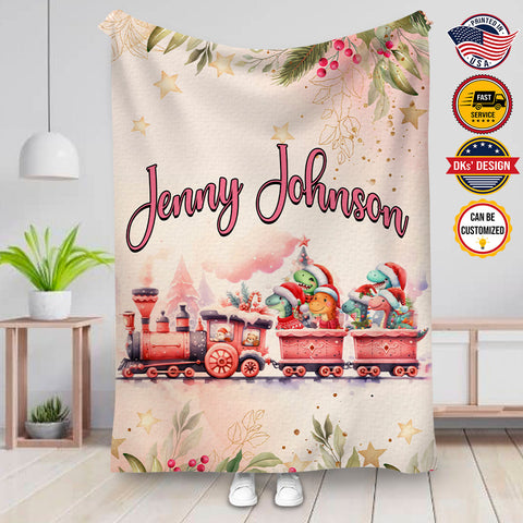 Image of Personalized Christmas Dinosaurus Train Custom Name Blanket For Kid, Baby First Christmas Blanket, 1st Christmas Sherpa Blanket, Christmas Gift