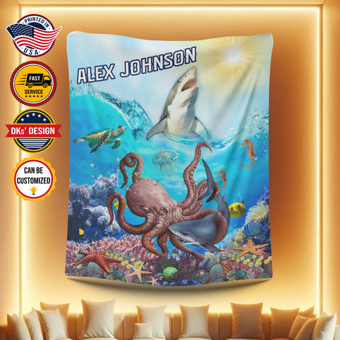 Image of Personalized Shark Under The Sea Creature Custom Name Blanket, Shark Blanket, Birthday Blanket, Ocean Animals Blanket, Baby Shower Gift