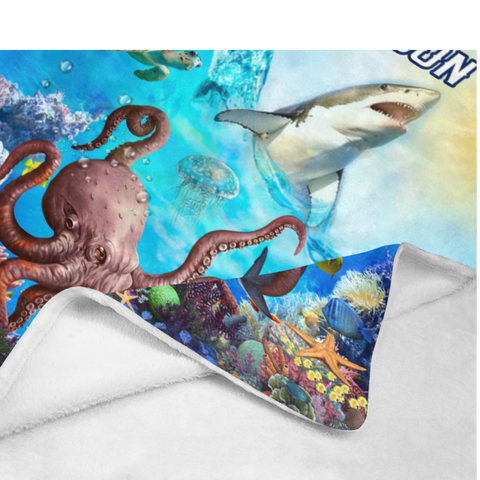 Image of Personalized Shark Under The Sea Creature Custom Name Blanket, Shark Blanket, Birthday Blanket, Ocean Animals Blanket, Baby Shower Gift