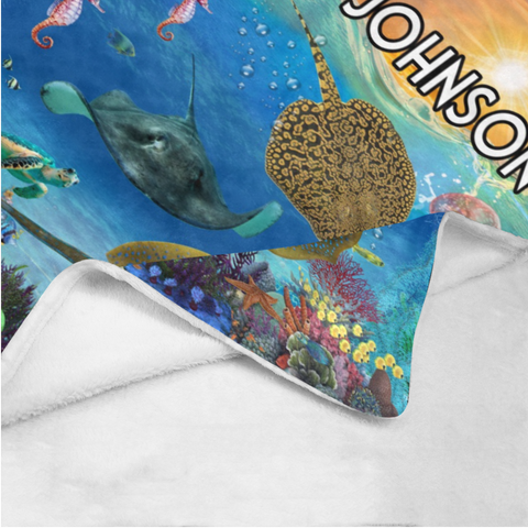Image of Personalized Stingray Whale Under the Sea Creature Custom Name Blanket, Birthday Blanket, Personalized Ocean Animals Blanket, Baby Shower Gift