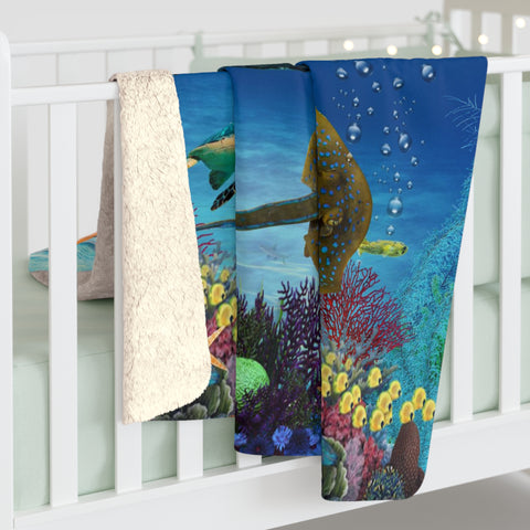 Image of Personalized Stingray Whale Under the Sea Creature Custom Name Blanket, Birthday Blanket, Personalized Ocean Animals Blanket, Baby Shower Gift