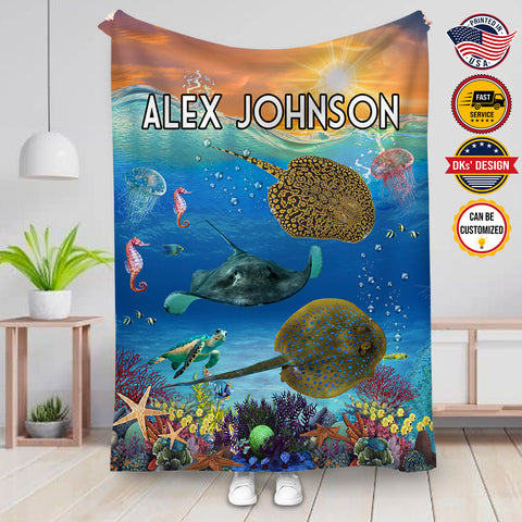 Image of Personalized Stingray Whale Under the Sea Creature Custom Name Blanket, Birthday Blanket, Personalized Ocean Animals Blanket, Baby Shower Gift