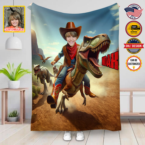 Image of Personalized Cowboy Blanket, Cowboy Riding Dino Custom Face And Name Blanket, Cowboy Custom Blanket, Birthday Dinosaurus Blanket