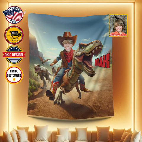 Image of Personalized Cowboy Blanket, Cowboy Riding Dino Custom Face And Name Blanket, Cowboy Custom Blanket, Birthday Dinosaurus Blanket