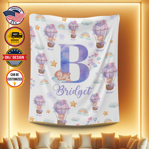Image of Personalized Bear Ballon Custom Name Blanket, Baby Shower Gift Blanket, Personalized Blanket, Custom Name Baby Shower Gift