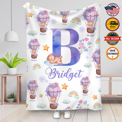 Image of Personalized Bear Ballon Custom Name Blanket, Baby Shower Gift Blanket, Personalized Blanket, Custom Name Baby Shower Gift