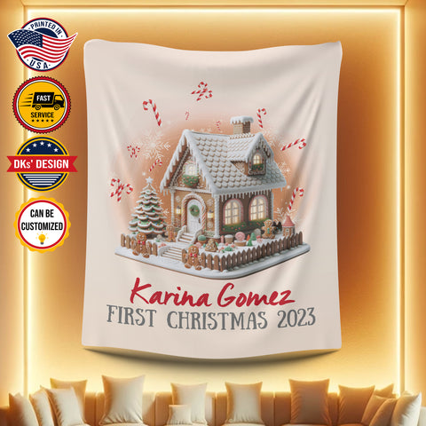 Image of Personalized Gingerbread Man First Christmas Custom Name Blanket, Personalized Kid Blanket, Baby First Christmas Blanket, Christmas Gifts