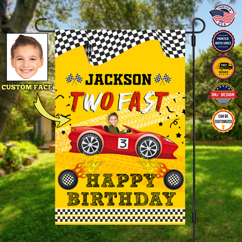 Image of Personalized Birthday Flag, Custom Face & Name Birthday Flag, Racing Car 2nd Birthday Flag, Custom Double Side Garden Flag, Birthday Gift