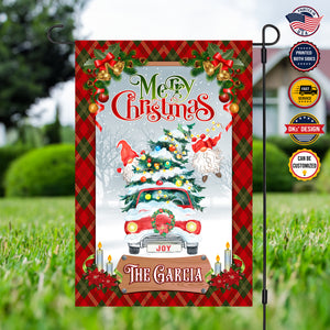 Personalized Christmas Flag, Custom Double Side Merry Christmas Gnomes Rides Red Truck Garden Flag, House Flag, Christmas Gift