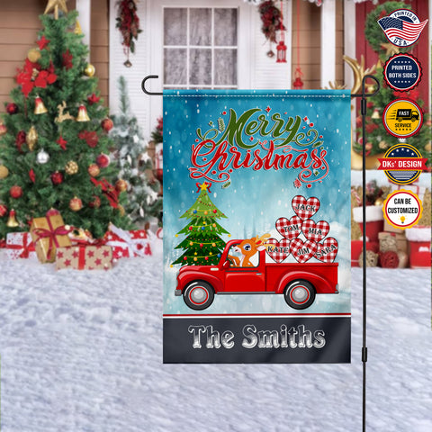 Image of Personalized Christmas Flag, Custom Double Side Reindeer Rides Red Truck Christmas Family Name Garden Flag, House Flag, Christmas Gift