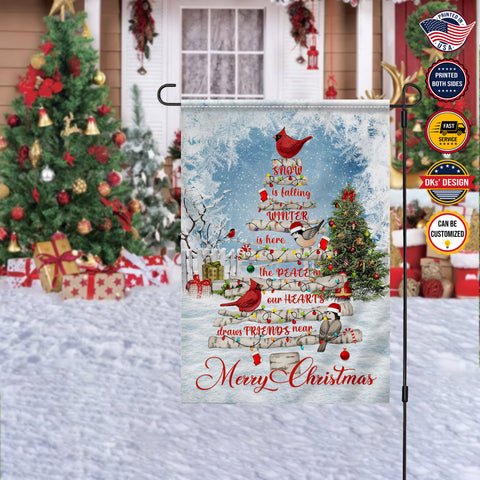 Image of Personalized Christmas Flag, Custom Double Side Tree Birds Cardinal Snow Is Falling Winter Is Here Flag, Christmas Tree Lights Flag, Christmas Gift