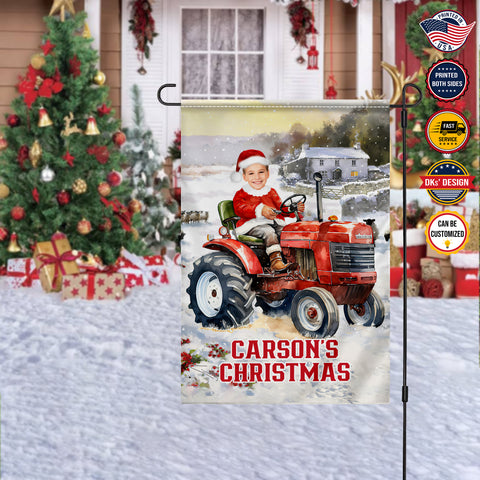 Image of Personalized Christmas Flag, Custom Double Side Kid Red Tractor Christmas Flag, Kid Custom Face And Name Garden Flag, Christmas Gift