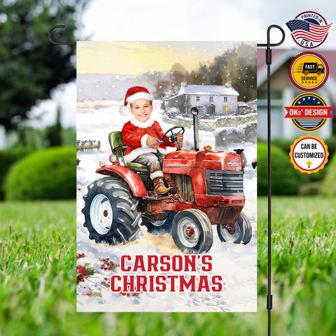 Image of Personalized Christmas Flag, Custom Double Side Kid Red Tractor Christmas Flag, Kid Custom Face And Name Garden Flag, Christmas Gift