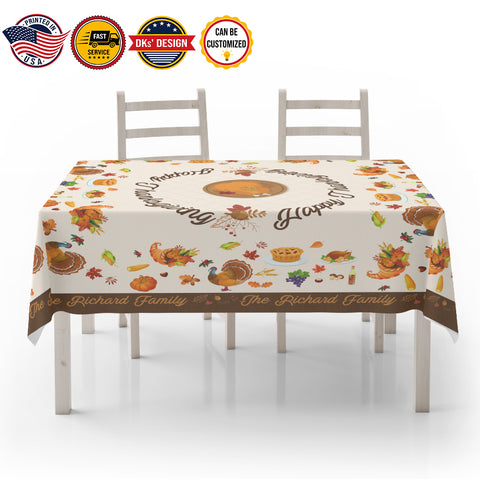 Image of USA MADE Custom Thanksgiving Tablecloth | Happy Thanksgiving Turkey Custom Name Tablecloth 55.1''x55.1''-Polyester-Table Cover for Dining Table, Easter Dinner Party, Holiday Party Table Decor