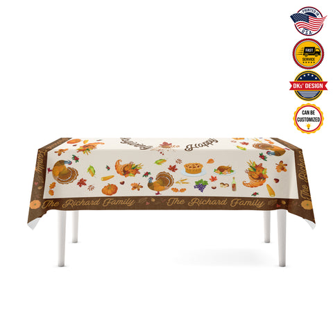 Image of USA MADE Custom Thanksgiving Tablecloth | Happy Thanksgiving Turkey Custom Name Tablecloth 55.1''x55.1''-Polyester-Table Cover for Dining Table, Easter Dinner Party, Holiday Party Table Decor