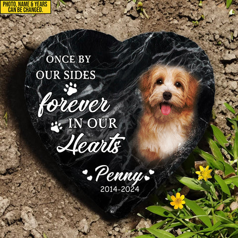 Image of Personalized Pet Memorial Stone With Photo, "Once By Our Side" Dog Cat Grave Stone, Pet Loss Gifts