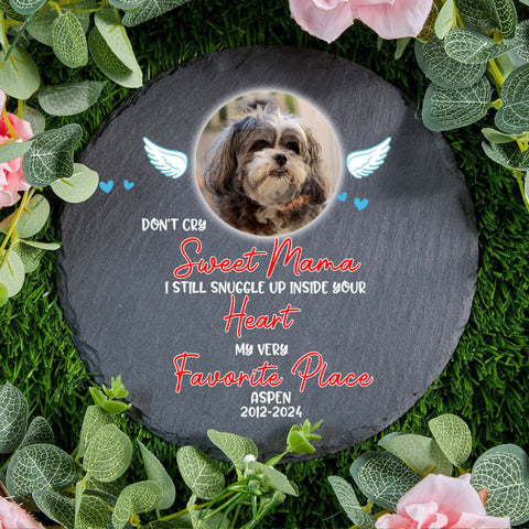 Image of Personalized Pet Memorial Stone With Photo, "Don't Cry Sweet Mama" Dog Cat Grave Stone, Pet Loss Gifts
