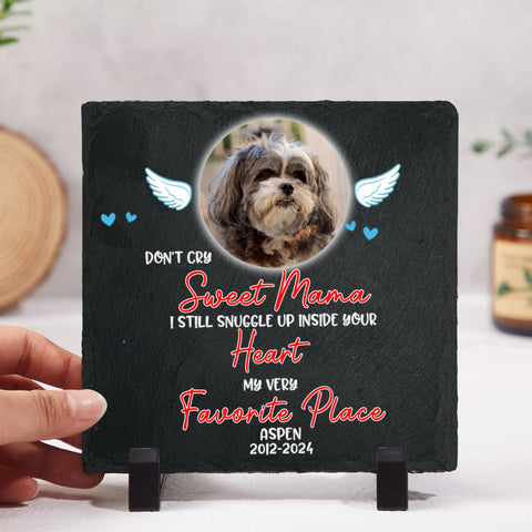 Image of Personalized Pet Memorial Stone With Photo, "Don't Cry Sweet Mama" Dog Cat Grave Stone, Pet Loss Gifts