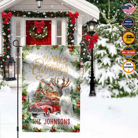 Image of Personalized Christmas Flag, Custom Double Side Christmas Red Car Animals In The Forest Garden Flag, House Flag, Christmas Gift