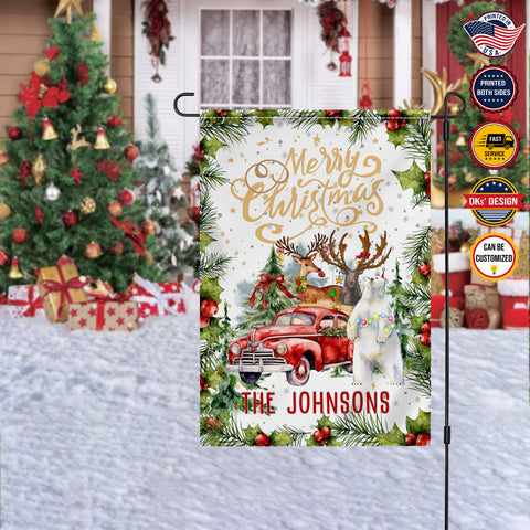 Image of Personalized Christmas Flag, Custom Double Side Christmas Red Car Animals In The Forest Garden Flag, House Flag, Christmas Gift