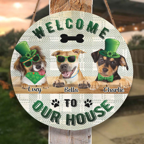 Image of Personalized Pet Photo Door Hanger, "Welcome To Our Home" St. Patrick's Day Dog Cat Round Wooden Sign