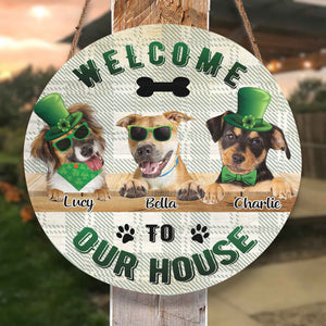 Personalized Pet Photo Door Hanger, "Welcome To Our Home" St. Patrick's Day Dog Cat Round Wooden Sign