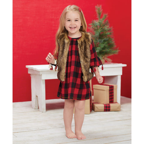 Image of Mud Pie Baby Girls Christmas Alpine Village Smocked Buffalo Check Dress