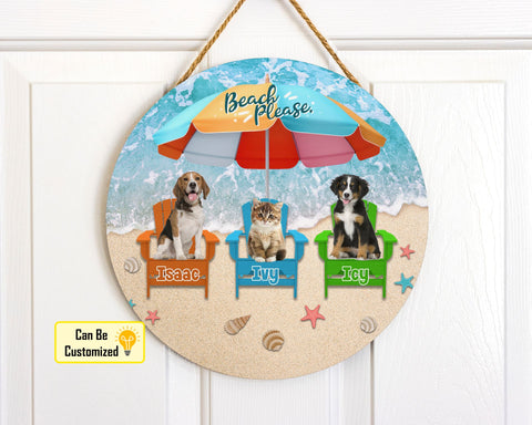 Image of Personalized Pet Photo Door Hanger, "Beach Please" Dog Cat Summer Round Wooden Sign