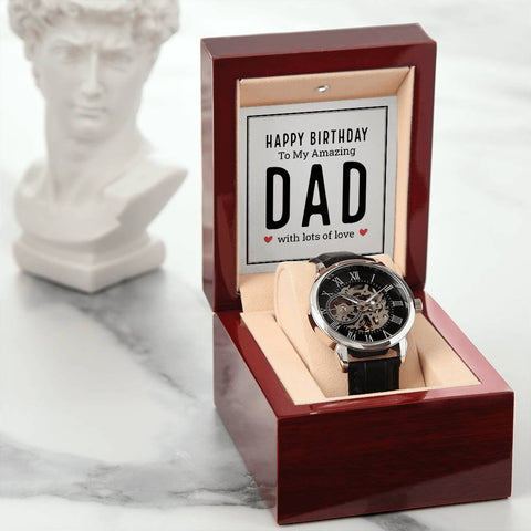 Image of Happy Birthday To My Amazing Dad With Lots Of Love Men's Openwork Watch With Mahogany Box