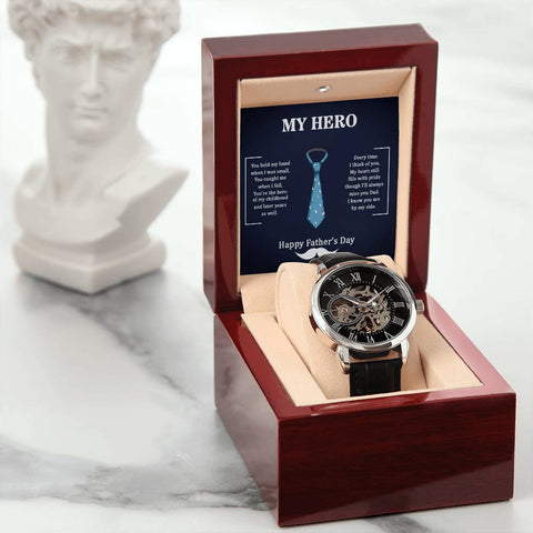 Image of Dad My Hero I Know You Are By My Side Happy Father's Day Men's Openwork Watch With Mahogany Box