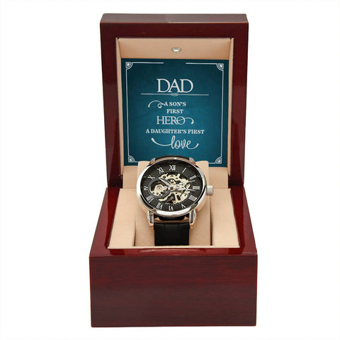 Image of Dad A Son's First Hero A Daughter's First Love Men's Openwork Watch With Mahogany Box