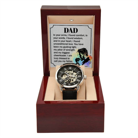 Image of Dear Dad In Your Arms I Found Comfort In Your Words I Found Wisdom Men's Openwork Watch With Mahogany Box