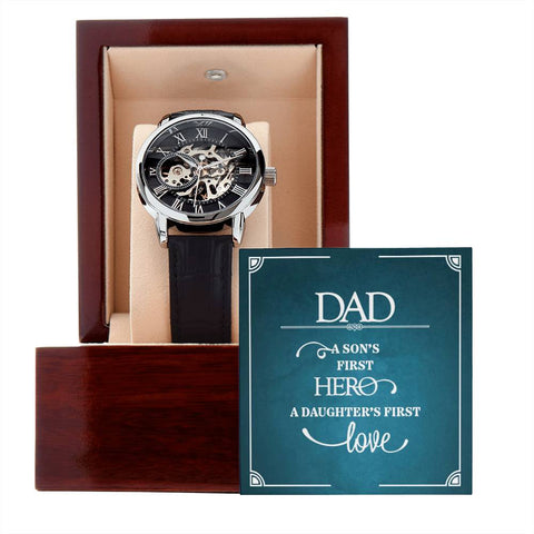 Image of Dad A Son's First Hero A Daughter's First Love Men's Openwork Watch With Mahogany Box