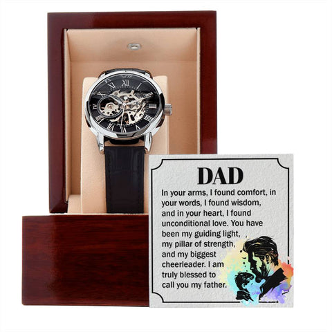 Image of Dear Dad In Your Arms I Found Comfort In Your Words I Found Wisdom Men's Openwork Watch With Mahogany Box