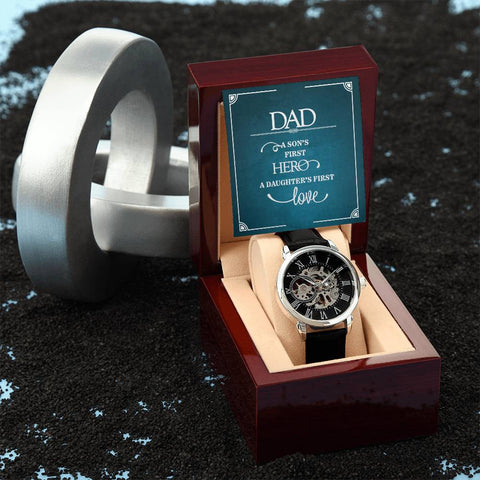 Image of Dad A Son's First Hero A Daughter's First Love Men's Openwork Watch With Mahogany Box
