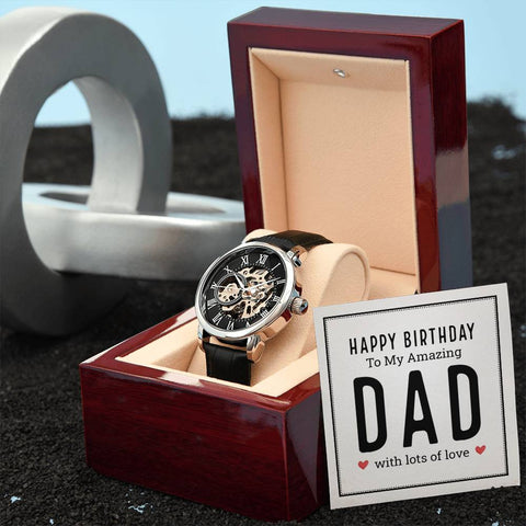 Image of Happy Birthday To My Amazing Dad With Lots Of Love Men's Openwork Watch With Mahogany Box