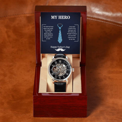 Image of Dad My Hero I Know You Are By My Side Happy Father's Day Men's Openwork Watch With Mahogany Box