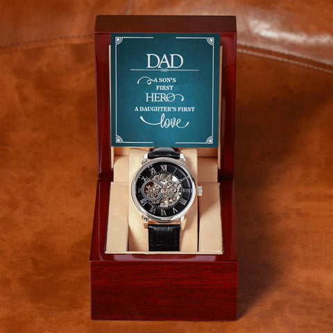 Image of Dad A Son's First Hero A Daughter's First Love Men's Openwork Watch With Mahogany Box