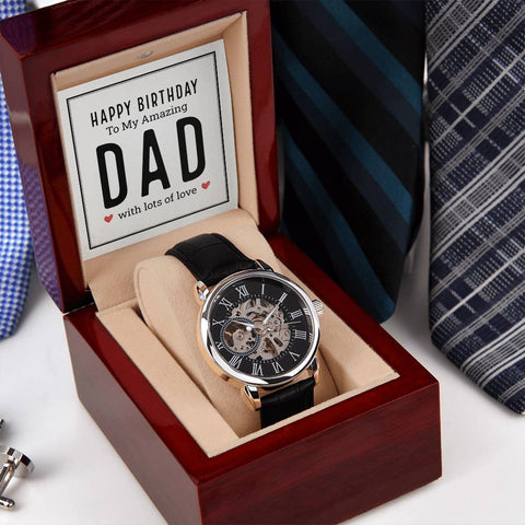 Image of Happy Birthday To My Amazing Dad With Lots Of Love Men's Openwork Watch With Mahogany Box