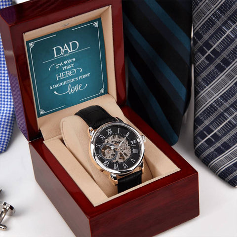 Image of Dad A Son's First Hero A Daughter's First Love Men's Openwork Watch With Mahogany Box