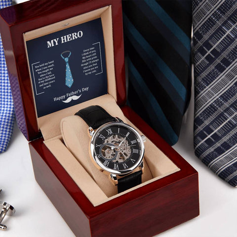 Image of Dad My Hero I Know You Are By My Side Happy Father's Day Men's Openwork Watch With Mahogany Box